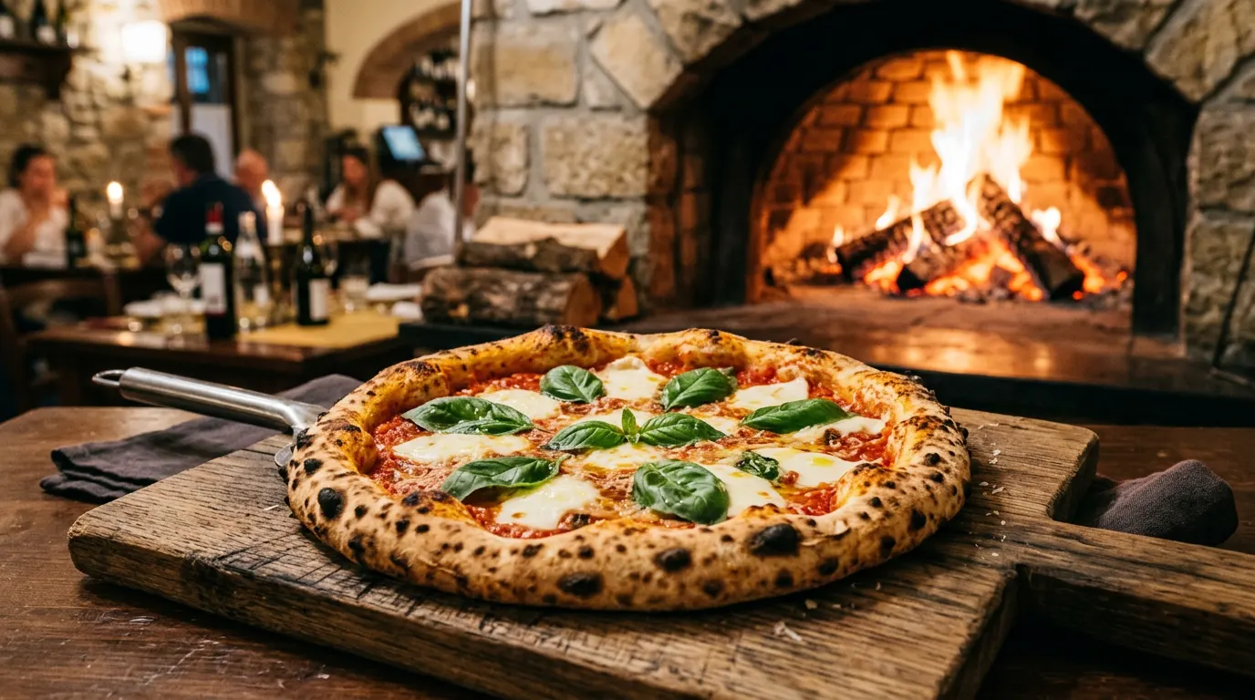 Neapolitanische Pizza Margherita vor dem Holzofen